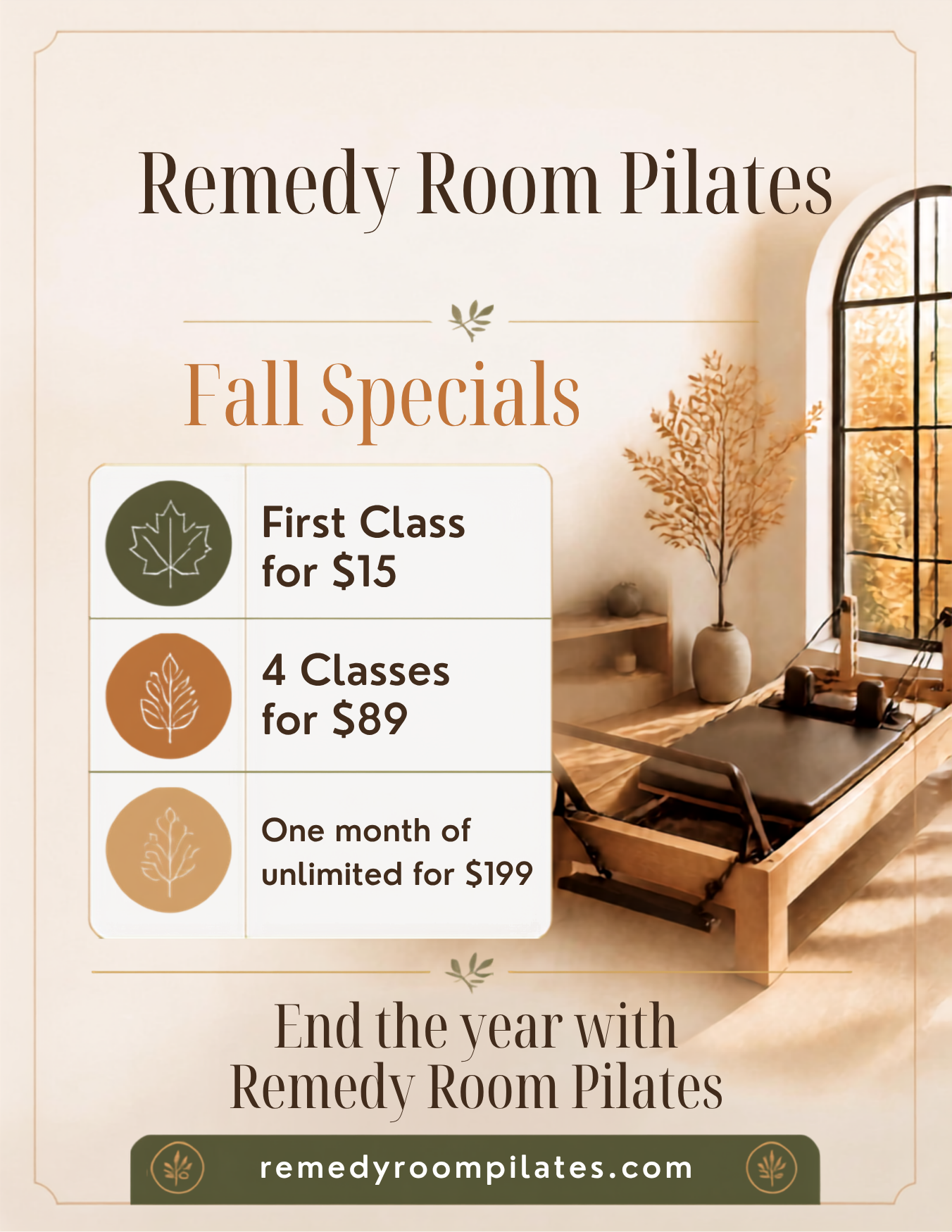 Remedy Room Pilates fall specials flyer with introductory class and class pack offers